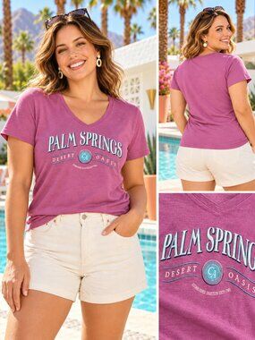 Gildan Palm Springs Desert Oasis Graphic V-Neck Tee Pink Women's XL Retro